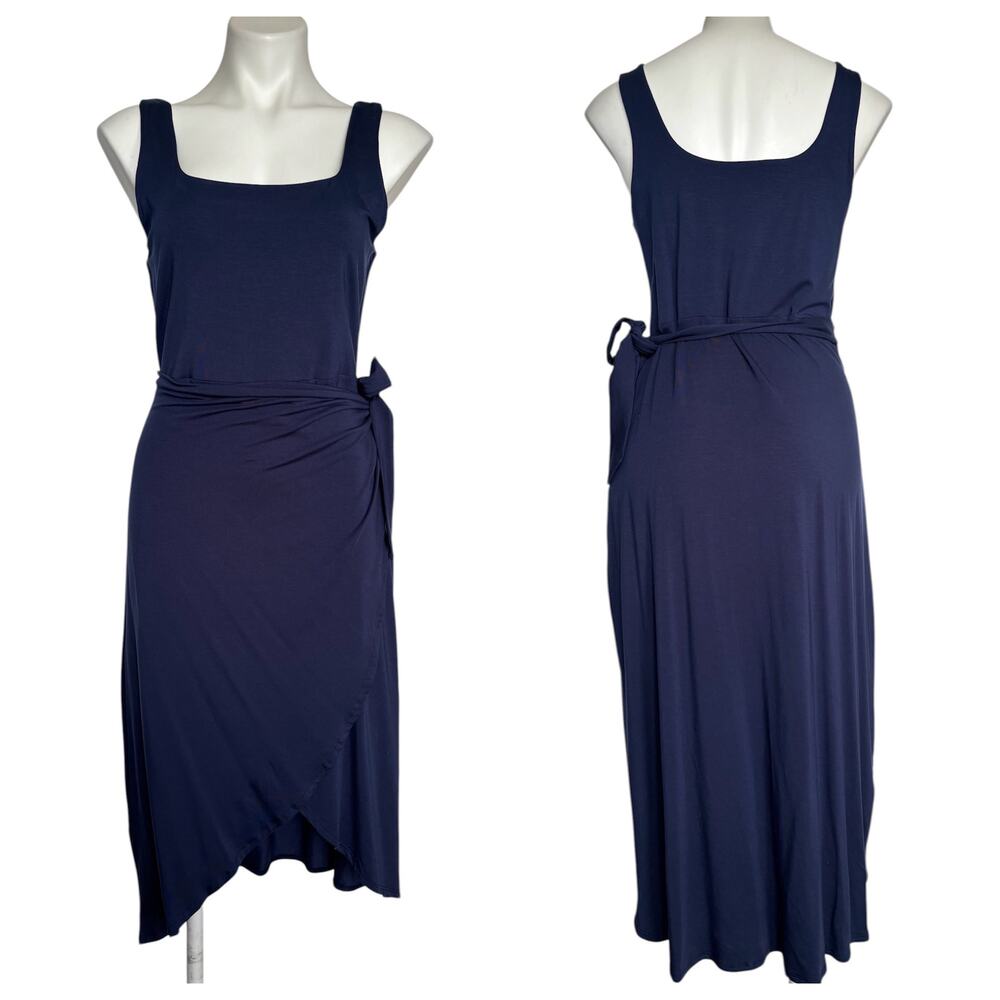 Quince Tencel Jersey Side Tie Midi Dress Navy Blue Minimalist Quiet Luxury L